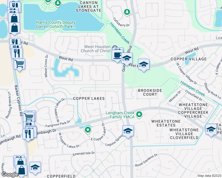 map of restaurants, bars, coffee shops, grocery stores, and more near 16934 Sandestine Drive in Houston