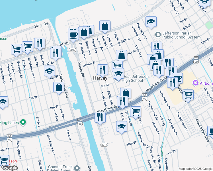map of restaurants, bars, coffee shops, grocery stores, and more near 720 Pailet Avenue in Harvey