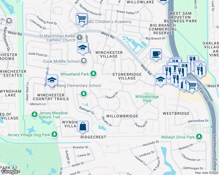 map of restaurants, bars, coffee shops, grocery stores, and more near 9914 Aldwell Court in Houston