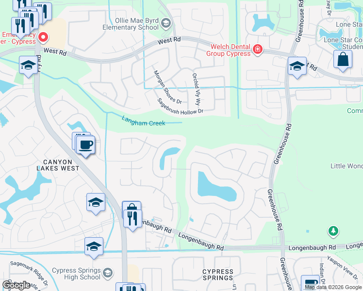 map of restaurants, bars, coffee shops, grocery stores, and more near 8530 Sedona Run Drive in Cypress