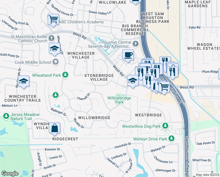 map of restaurants, bars, coffee shops, grocery stores, and more near 8903 Skipping Stone Court in Houston
