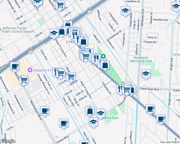 map of restaurants, bars, coffee shops, grocery stores, and more near 28 Ashton Cox Drive in Gretna