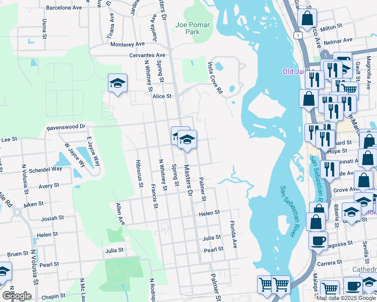 map of restaurants, bars, coffee shops, grocery stores, and more near 154 Palmer Street in St. Augustine