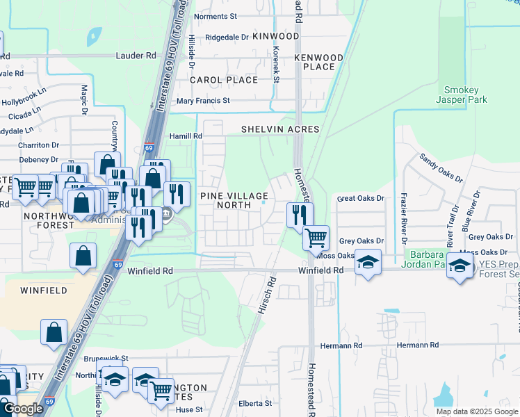 map of restaurants, bars, coffee shops, grocery stores, and more near 12239 Wild Pine Drive in Houston