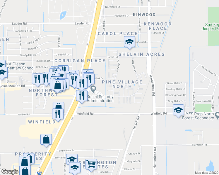 map of restaurants, bars, coffee shops, grocery stores, and more near 12211 West Village Drive in Houston