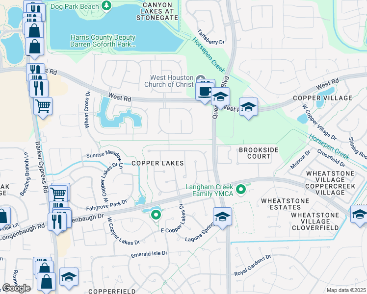 map of restaurants, bars, coffee shops, grocery stores, and more near 17026 Sandestine Drive in Houston