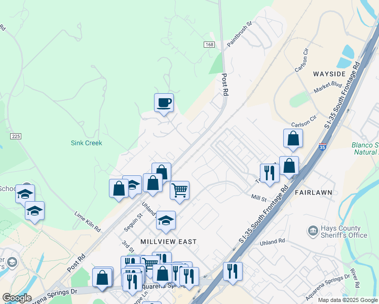 map of restaurants, bars, coffee shops, grocery stores, and more near 1701 Mill Street in San Marcos