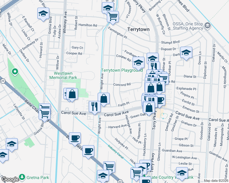 map of restaurants, bars, coffee shops, grocery stores, and more near 717 Fielding Avenue in Terrytown
