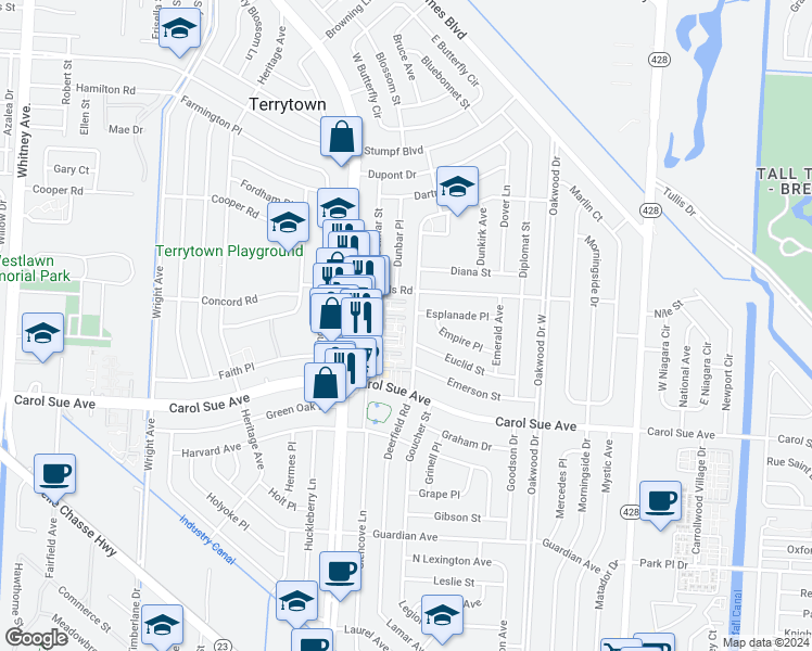 map of restaurants, bars, coffee shops, grocery stores, and more near 12 Deerfield Road in Terrytown