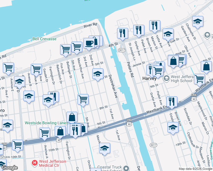 map of restaurants, bars, coffee shops, grocery stores, and more near 635 1st Avenue in Harvey