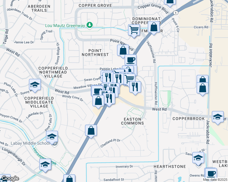 map of restaurants, bars, coffee shops, grocery stores, and more near 8538 Highway 6 North in Houston