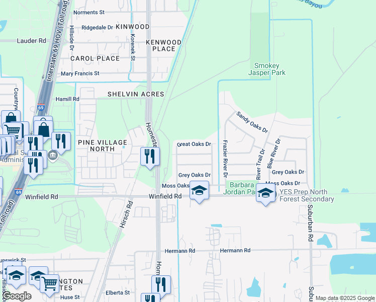 map of restaurants, bars, coffee shops, grocery stores, and more near 6127 Bending Oaks Street in Houston
