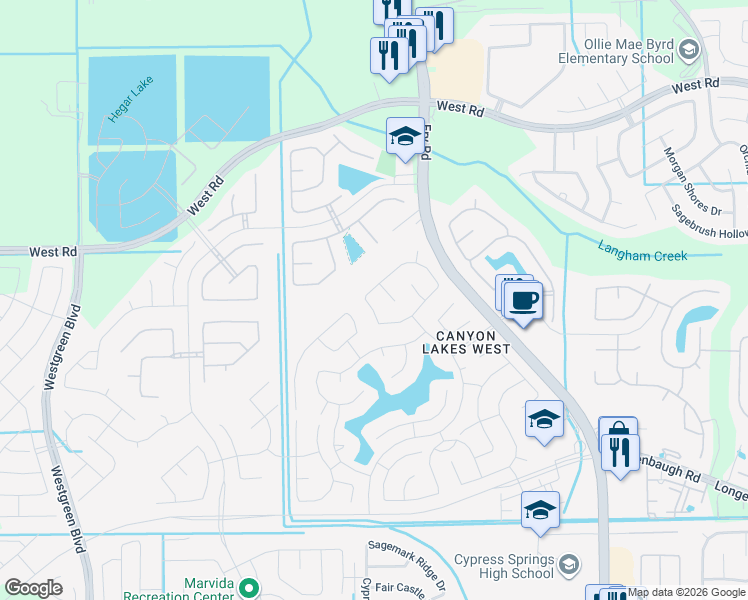 map of restaurants, bars, coffee shops, grocery stores, and more near 8522 Clarkman Ridge Lane in Cypress