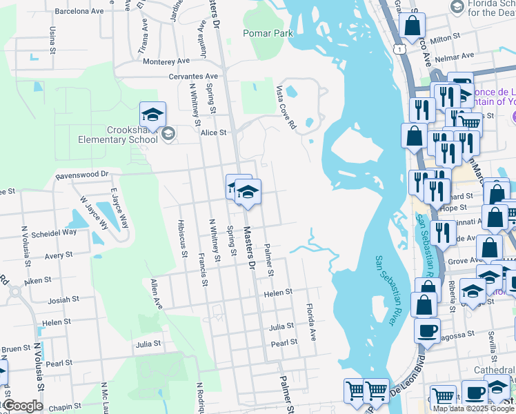 map of restaurants, bars, coffee shops, grocery stores, and more near 154 Palmer Street in St. Augustine