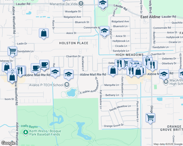 map of restaurants, bars, coffee shops, grocery stores, and more near 3203 Aldine Mail Route Road in Houston