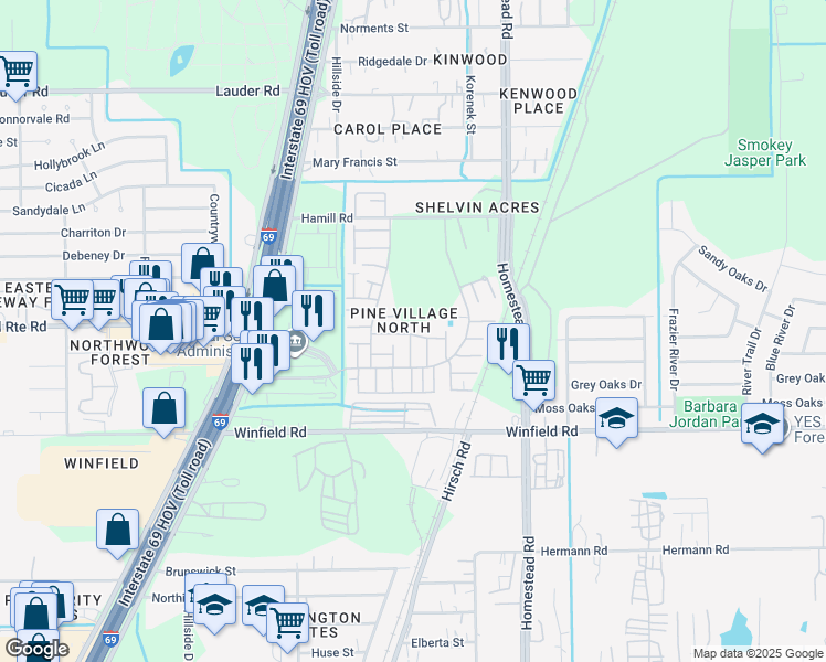 map of restaurants, bars, coffee shops, grocery stores, and more near 5779 Easthampton Drive in Houston