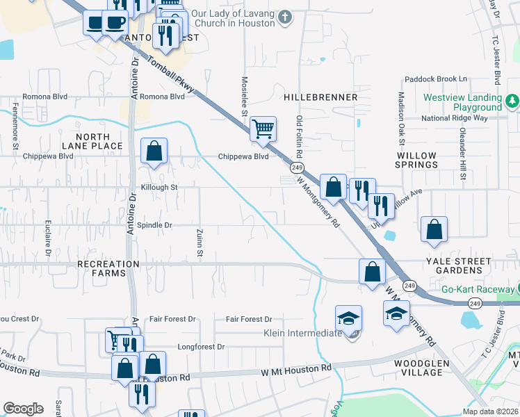 map of restaurants, bars, coffee shops, grocery stores, and more near 5326 Spindle Drive in Houston
