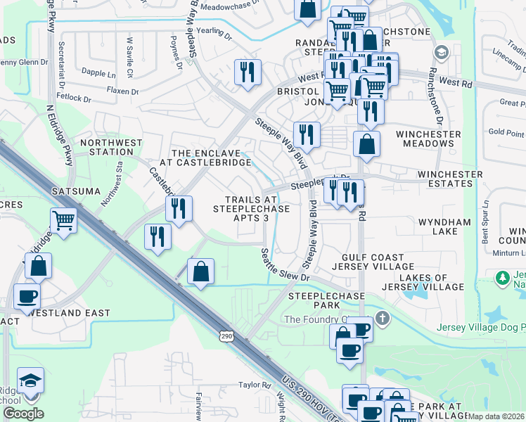 map of restaurants, bars, coffee shops, grocery stores, and more near 12502 Seattle Slew Drive in Houston