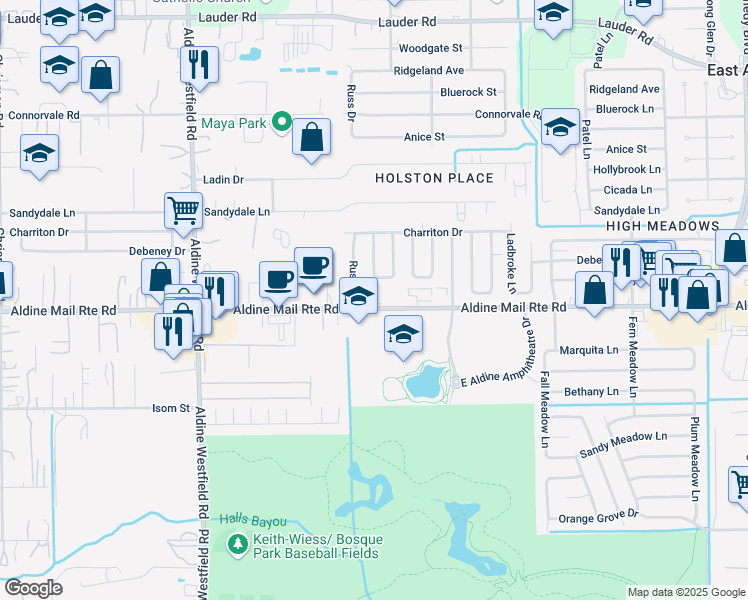 map of restaurants, bars, coffee shops, grocery stores, and more near 2409 Aldine Mail Route Road in Houston