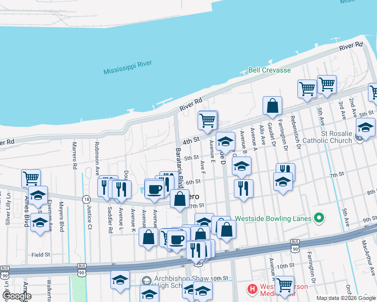 map of restaurants, bars, coffee shops, grocery stores, and more near 417 Barataria Boulevard in Marrero