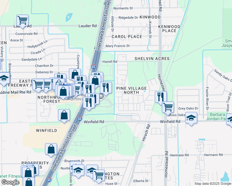 map of restaurants, bars, coffee shops, grocery stores, and more near 5435 Aldine Mail Route Road in Houston