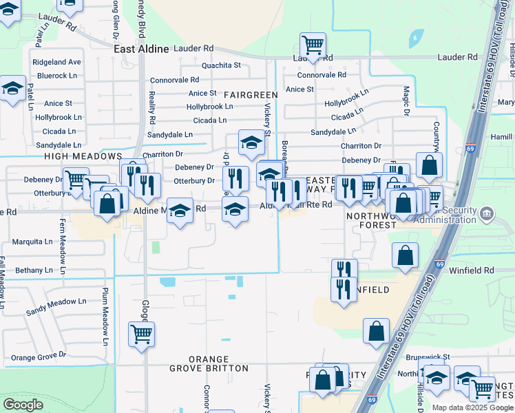 map of restaurants, bars, coffee shops, grocery stores, and more near 12330 Vickery Street in Houston