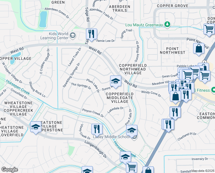 map of restaurants, bars, coffee shops, grocery stores, and more near 8415 Sunny Ridge Drive in Houston