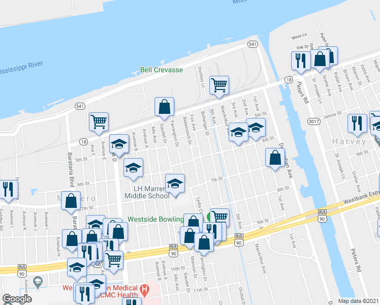 map of restaurants, bars, coffee shops, grocery stores, and more near 528 Rebenstich Drive in Marrero