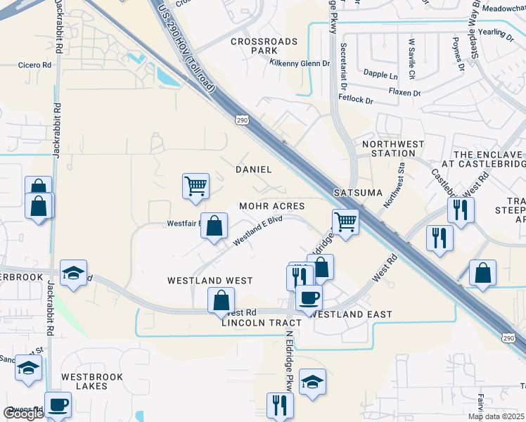 map of restaurants, bars, coffee shops, grocery stores, and more near 13610 Westland East Boulevard in Houston