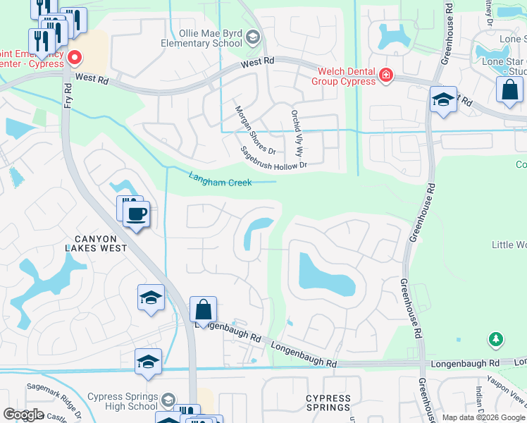 map of restaurants, bars, coffee shops, grocery stores, and more near 8530 Sedona Run Drive in Cypress