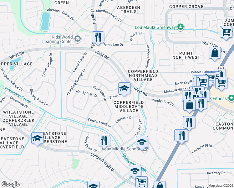 map of restaurants, bars, coffee shops, grocery stores, and more near 8415 Sunny Ridge Drive in Houston