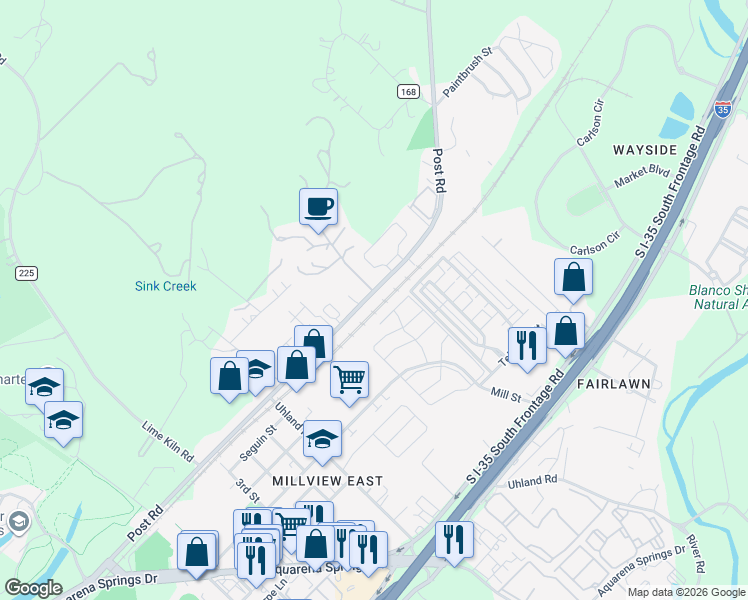 map of restaurants, bars, coffee shops, grocery stores, and more near 1701 Mill Street in San Marcos