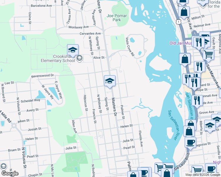 map of restaurants, bars, coffee shops, grocery stores, and more near 110 Masters Drive in St. Augustine