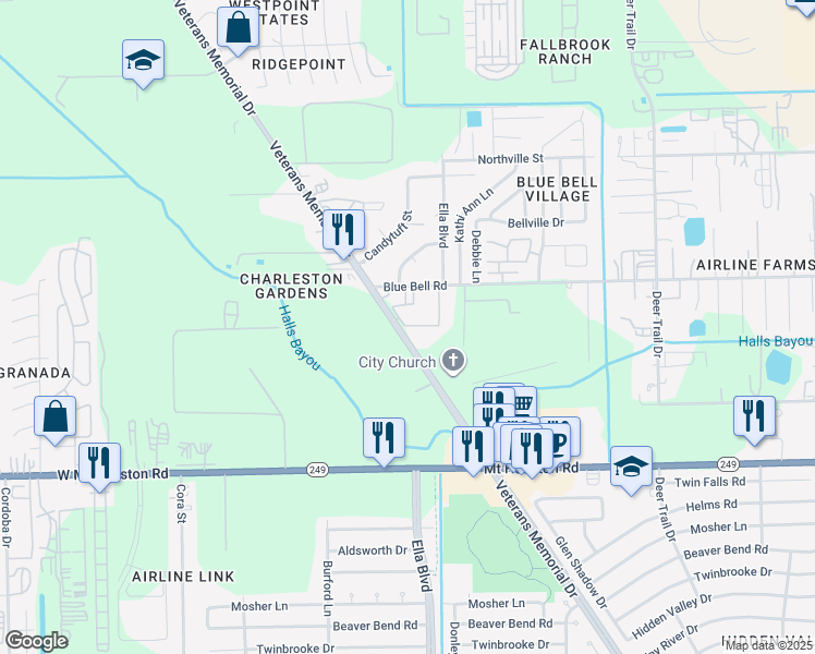 map of restaurants, bars, coffee shops, grocery stores, and more near 9630 Veterans Memorial Drive in Houston