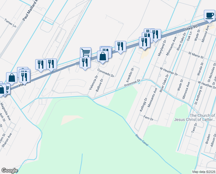map of restaurants, bars, coffee shops, grocery stores, and more near 323 Desoto Drive in Luling