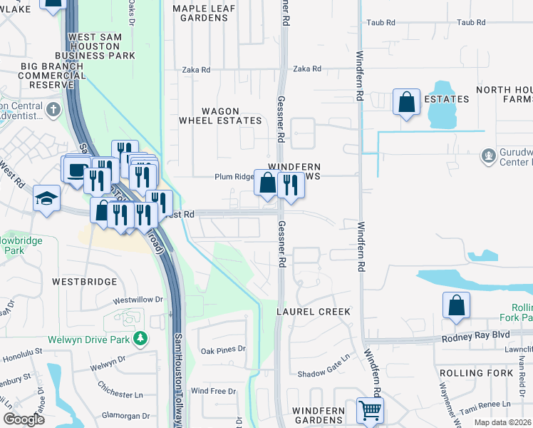 map of restaurants, bars, coffee shops, grocery stores, and more near 8987 West Road in Houston