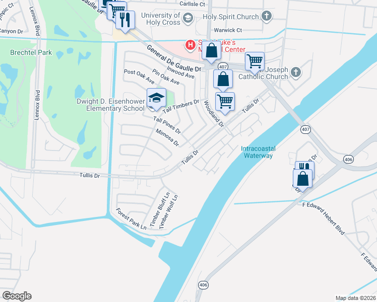 map of restaurants, bars, coffee shops, grocery stores, and more near 5620 Tullis Drive in New Orleans