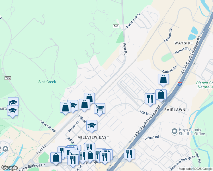map of restaurants, bars, coffee shops, grocery stores, and more near 1701 Mill Street in San Marcos