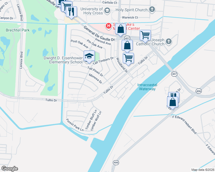 map of restaurants, bars, coffee shops, grocery stores, and more near 5620 Tullis Drive in New Orleans