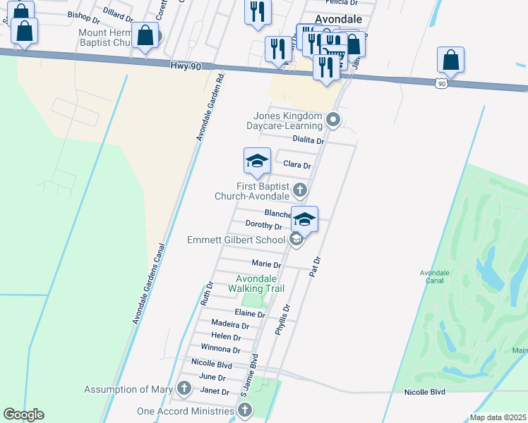 map of restaurants, bars, coffee shops, grocery stores, and more near 145 Blanche Drive in Avondale