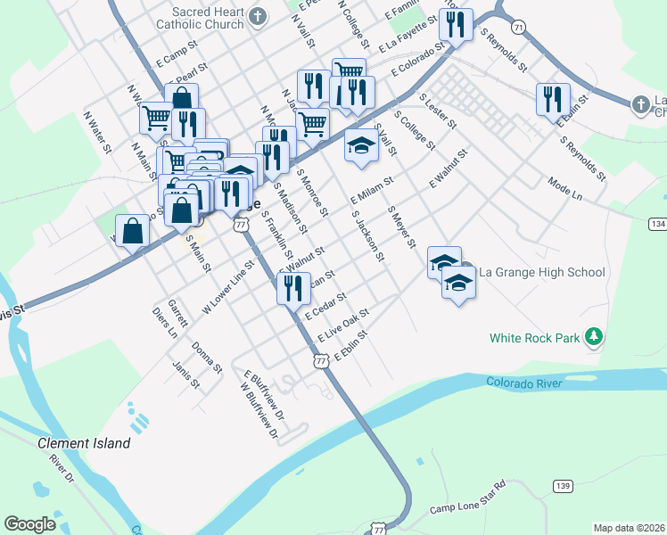 map of restaurants, bars, coffee shops, grocery stores, and more near 623 South Madison Street in La Grange