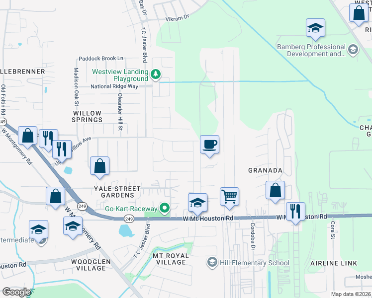 map of restaurants, bars, coffee shops, grocery stores, and more near 2514 Boxwood Park in Houston