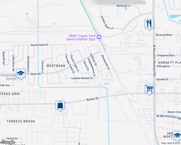 map of restaurants, bars, coffee shops, grocery stores, and more near 8335 Pebbledowne Drive in Houston