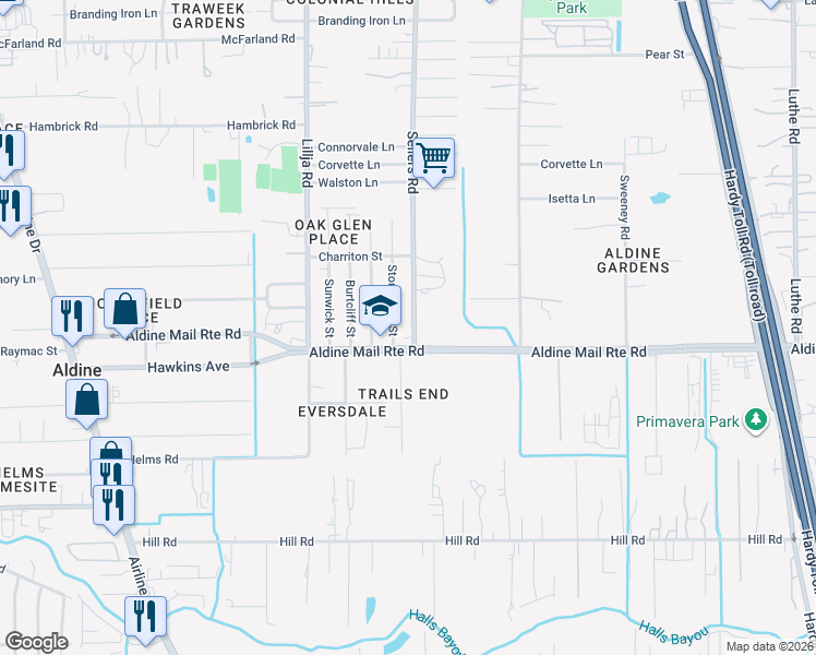 map of restaurants, bars, coffee shops, grocery stores, and more near 701 Aldine Mail Route Road in Houston