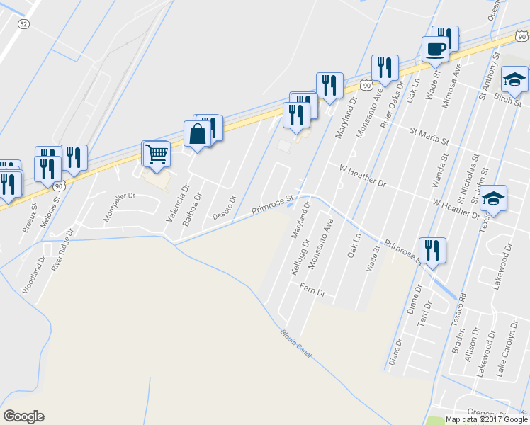 map of restaurants, bars, coffee shops, grocery stores, and more near 1250 Primrose Drive in Boutte