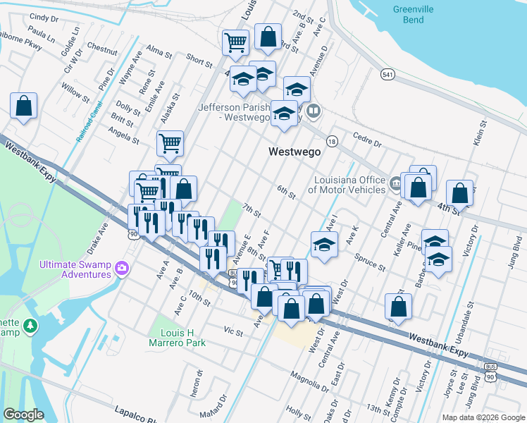 map of restaurants, bars, coffee shops, grocery stores, and more near 800 Avenue F in Westwego