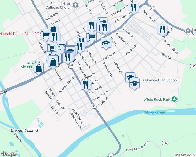 map of restaurants, bars, coffee shops, grocery stores, and more near 623 South Madison Street in La Grange