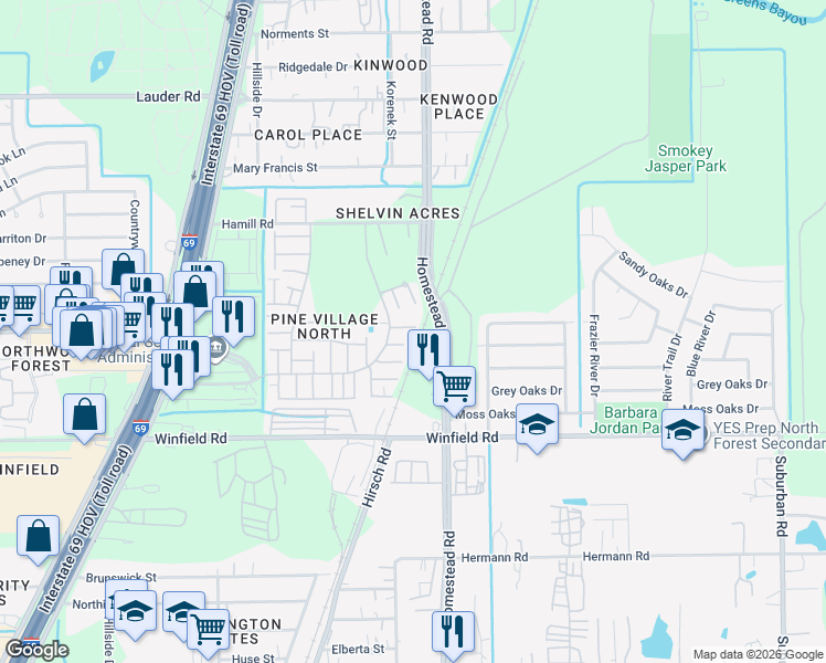 map of restaurants, bars, coffee shops, grocery stores, and more near 12314 Wild Pine Drive in Houston