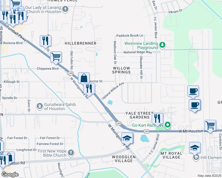 map of restaurants, bars, coffee shops, grocery stores, and more near 11703 Newel Elm Street in Houston