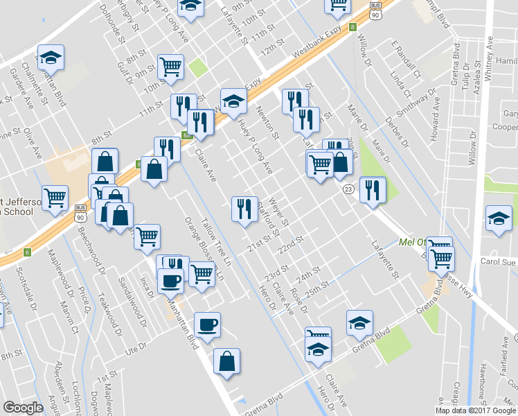 map of restaurants, bars, coffee shops, grocery stores, and more near 1924 Stafford Street in Gretna